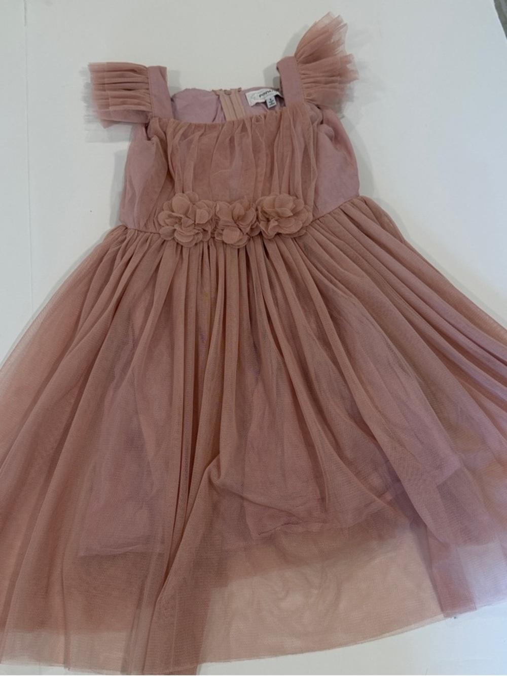 Popatu Dusty Rose Tulle Dress with Floral Waistband
